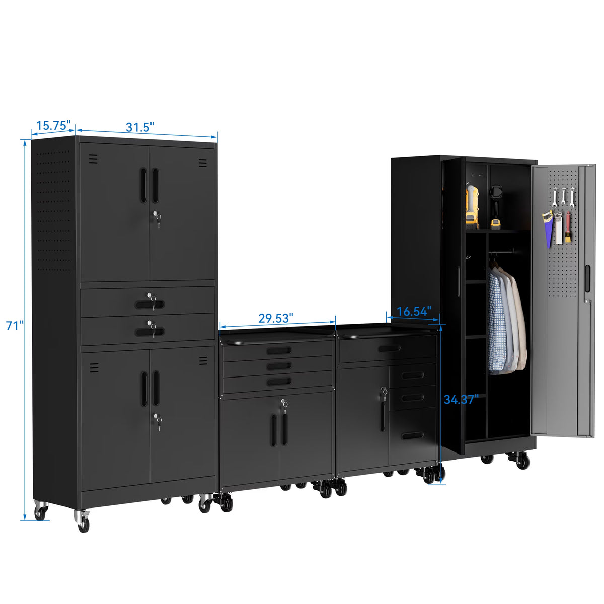 4-Piece Garage Storage Cabinet Set,Heavy Duty Metal Garage Cabinets System Workshop Set with 2 * Tall Tool Cabinets + 2 * Rolling Tool Cabinet