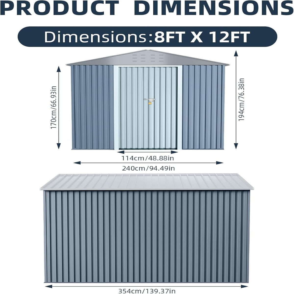 8X12FT Outdoor Metal Storage Shed, Lockable Weatherproof Garden Shed for Tools & Equipment, Durable Galvanized Steel with Sloping Roof & Ventilation, Ideal for Backyard, Patio & Garage Storage, Grey
