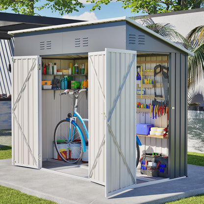 Storage Shed 4X8 Ft with Weatherproof Sloping Roof, Small Outdoor Shed with 4 Air Vents, Utility Metal Tool Storage Sheds with Lockable Doors for Garden, Backyard, Patio, Lawn, Grey