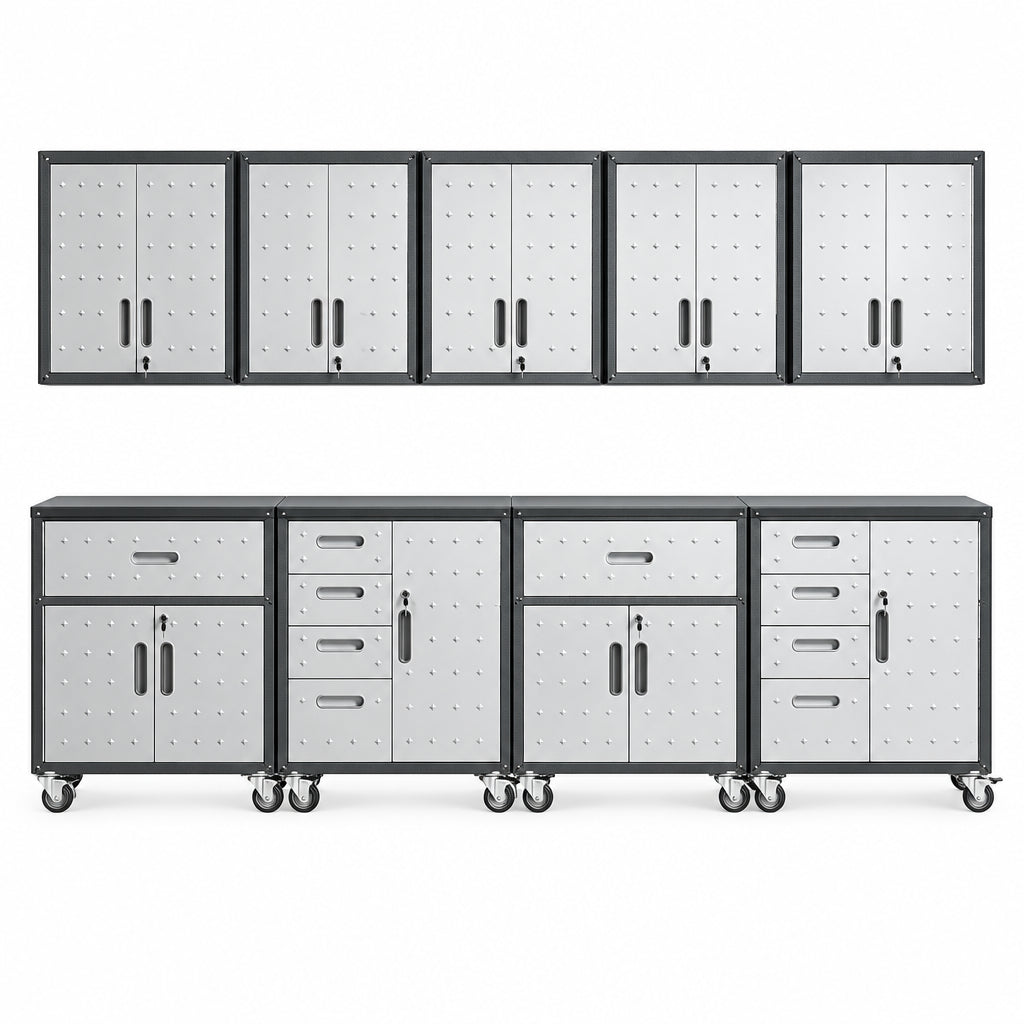 Garage Cabinet System | Heavy Duty Steel All-In-One Modular Garage Cabinet Set for Ultimate Workshop Organization | Easy Assembly Garage Storage Cabinets & Tool Bench