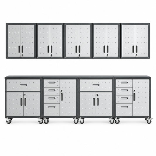 Garage Cabinet System | Heavy Duty Steel All-In-One Modular Garage Cabinet Set for Ultimate Workshop Organization | Easy Assembly Garage Storage Cabinets & Tool Bench