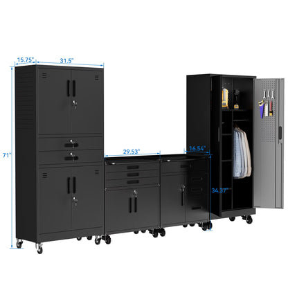 4-Piece Garage Storage Cabinet Set,Heavy Duty Metal Garage Cabinets System Workshop Set with 2 * Tall Tool Cabinets + 2 * Rolling Tool Cabinet