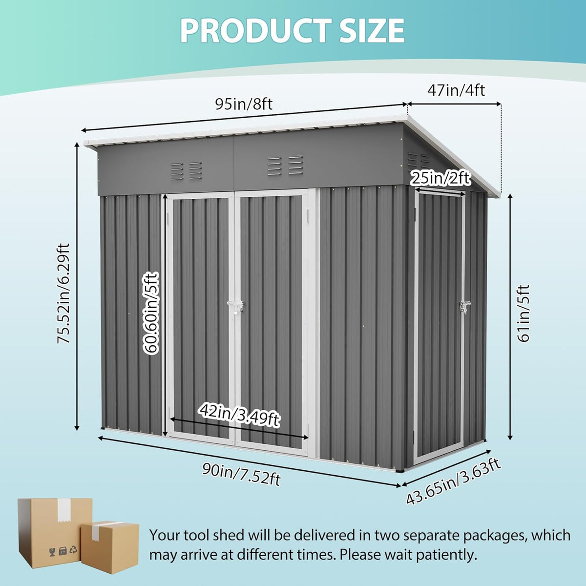 Storage Shed 4X8 Ft with Weatherproof Sloping Roof, Small Outdoor Shed with 4 Air Vents, Utility Metal Tool Storage Sheds with Lockable Doors for Garden, Backyard, Patio, Lawn, Grey