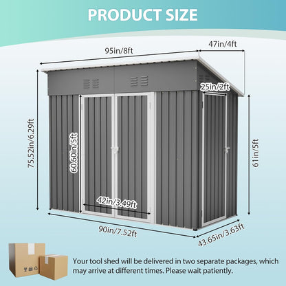 Storage Shed 4X8 Ft with Weatherproof Sloping Roof, Small Outdoor Shed with 4 Air Vents, Utility Metal Tool Storage Sheds with Lockable Doors for Garden, Backyard, Patio, Lawn, Grey