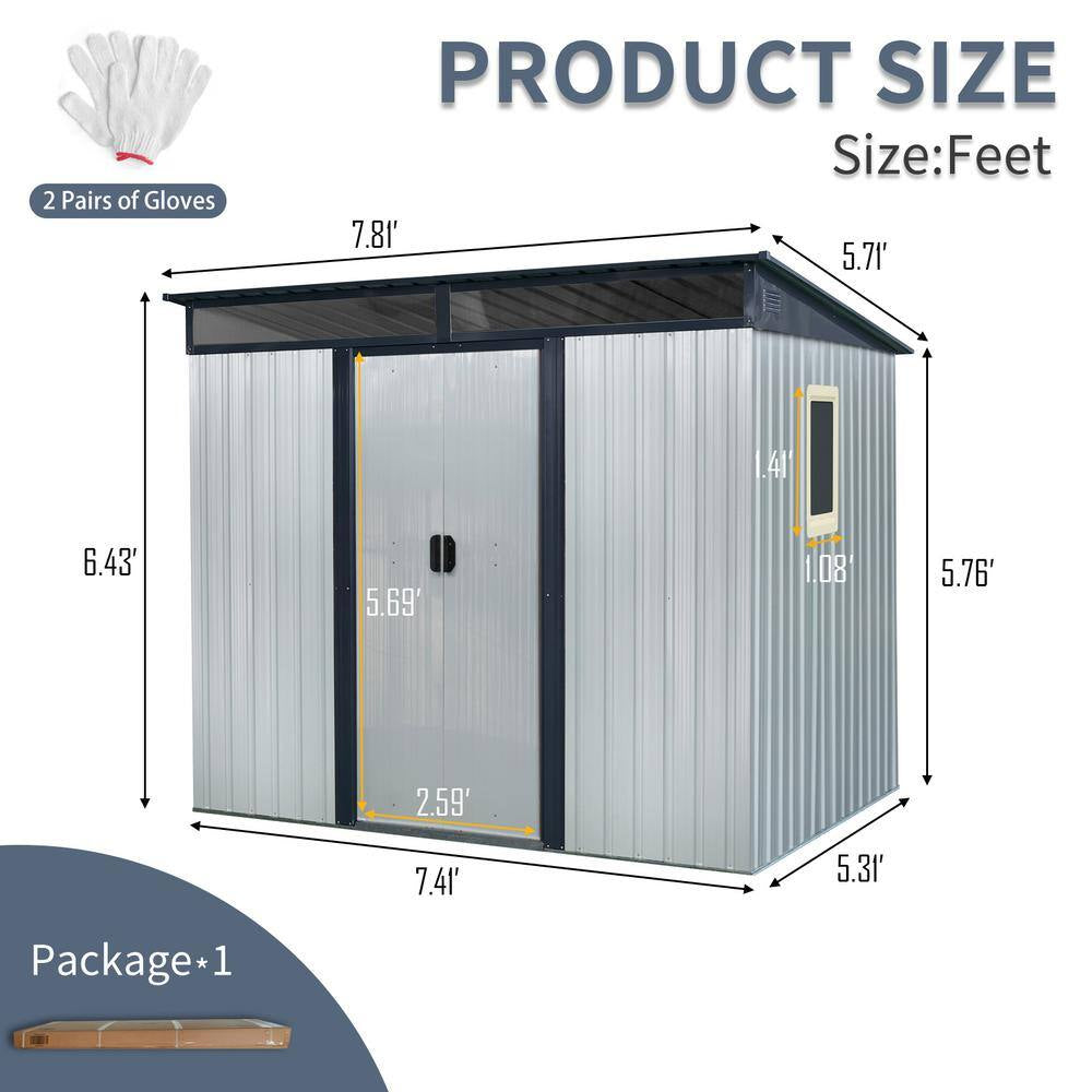 8 Ft. W X 6 Ft. D Metal Shed with Double Door and Window Transparent Plate (48 Sq. Ft.)