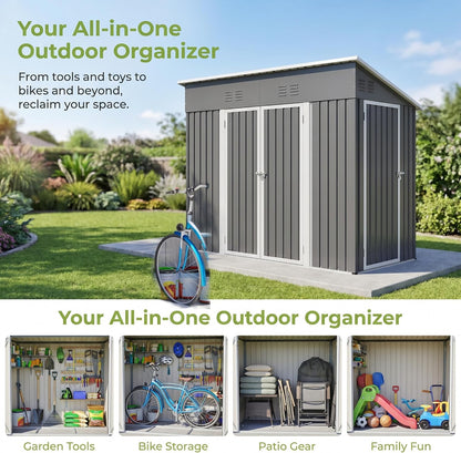 Storage Shed 4X8 Ft with Weatherproof Sloping Roof, Small Outdoor Shed with 4 Air Vents, Utility Metal Tool Storage Sheds with Lockable Doors for Garden, Backyard, Patio, Lawn, Grey