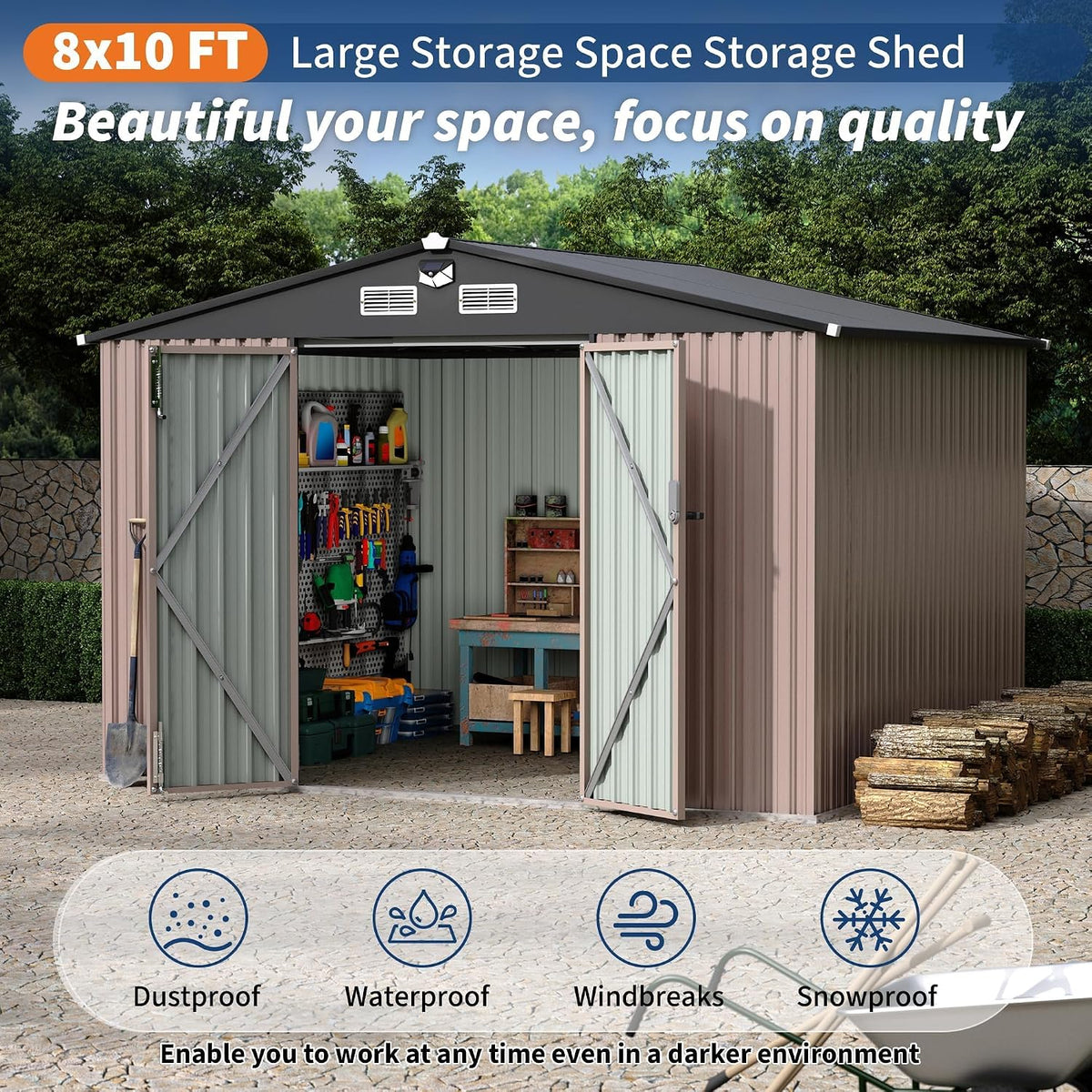 8X10 FT Metal Shed Outdoor Storage Shed with Solar Light, Lockable Door, Air Vents, Utility Sheds & Outdoor Storage, Durable outside Storage Sheds for Backyard Patio Lawn