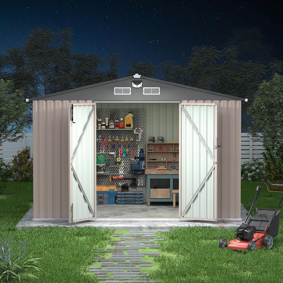 8X10 FT Metal Shed Outdoor Storage Shed with Solar Light, Lockable Door, Air Vents, Utility Sheds & Outdoor Storage, Durable outside Storage Sheds for Backyard Patio Lawn