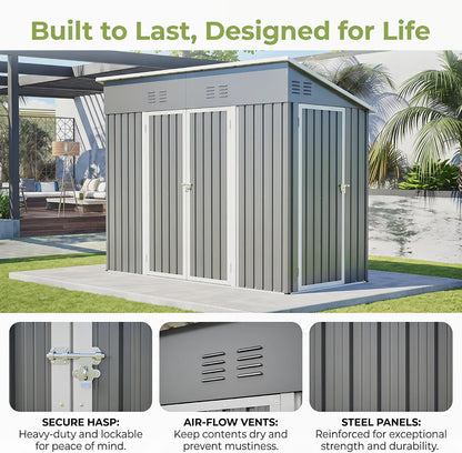 Storage Shed 4X8 Ft with Weatherproof Sloping Roof, Small Outdoor Shed with 4 Air Vents, Utility Metal Tool Storage Sheds with Lockable Doors for Garden, Backyard, Patio, Lawn, Grey