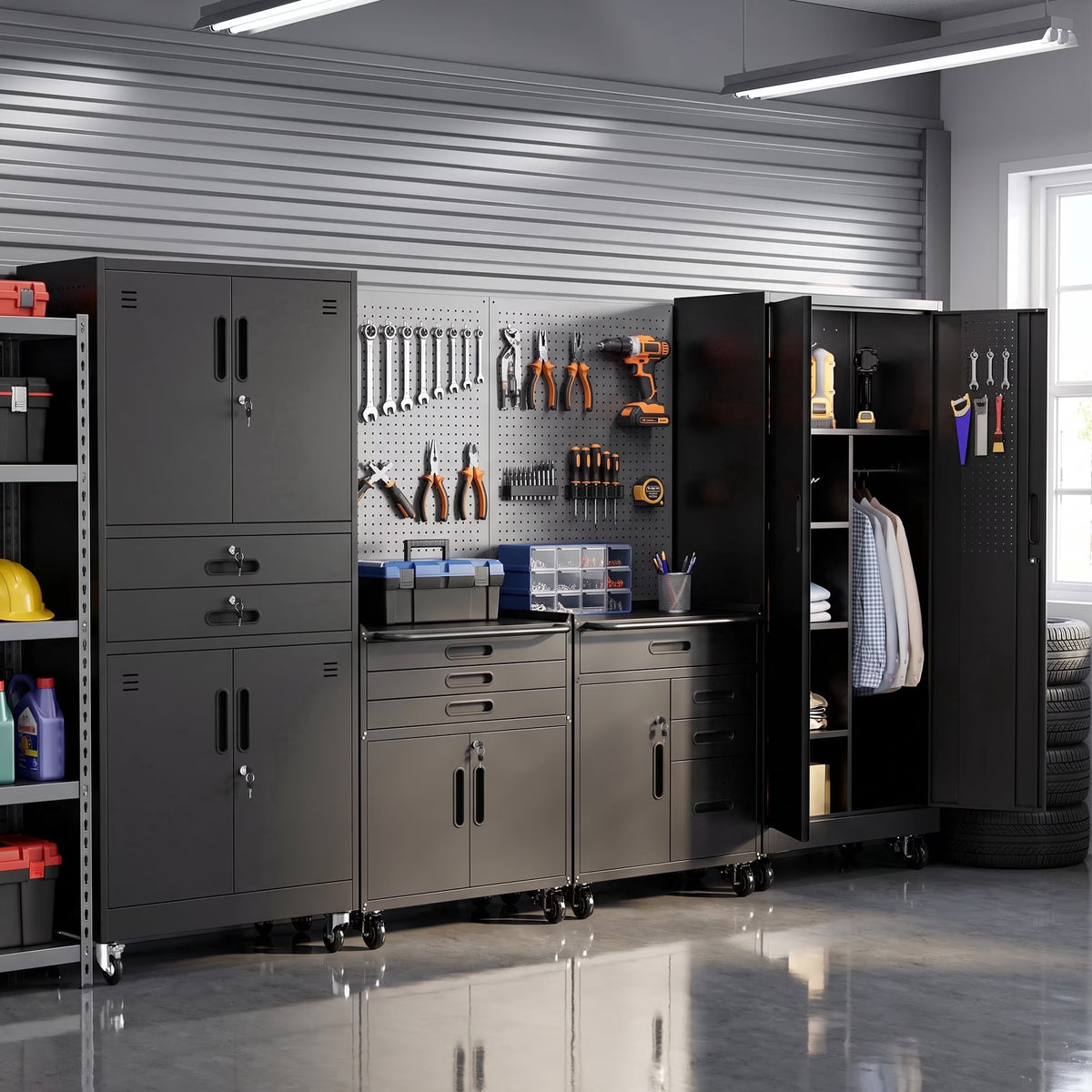 4-Piece Garage Storage Cabinet Set,Heavy Duty Metal Garage Cabinets System Workshop Set with 2 * Tall Tool Cabinets + 2 * Rolling Tool Cabinet