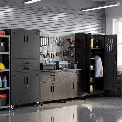 4-Piece Garage Storage Cabinet Set,Heavy Duty Metal Garage Cabinets System Workshop Set with 2 * Tall Tool Cabinets + 2 * Rolling Tool Cabinet