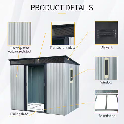 8 Ft. W X 6 Ft. D Metal Shed with Double Door and Window Transparent Plate (48 Sq. Ft.)
