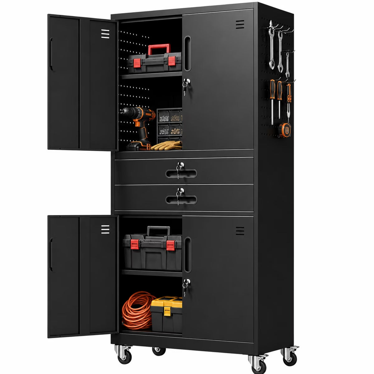 4-Piece Garage Storage Cabinet Set,Heavy Duty Metal Garage Cabinets System Workshop Set with 2 * Tall Tool Cabinets + 2 * Rolling Tool Cabinet