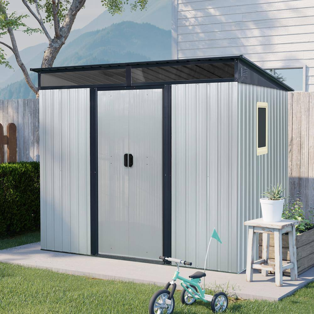 8 Ft. W X 6 Ft. D Metal Shed with Double Door and Window Transparent Plate (48 Sq. Ft.)