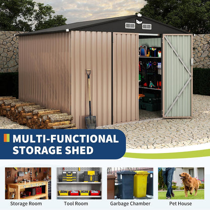 8X10 FT Metal Shed Outdoor Storage Shed with Solar Light, Lockable Door, Air Vents, Utility Sheds & Outdoor Storage, Durable outside Storage Sheds for Backyard Patio Lawn