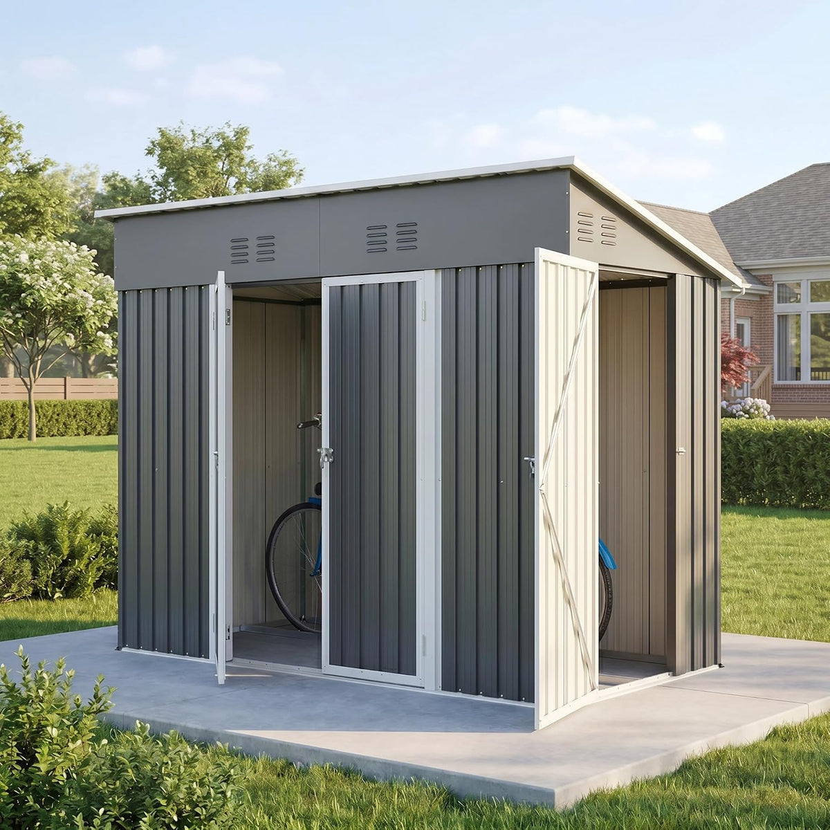 Storage Shed 4X8 Ft with Weatherproof Sloping Roof, Small Outdoor Shed with 4 Air Vents, Utility Metal Tool Storage Sheds with Lockable Doors for Garden, Backyard, Patio, Lawn, Grey