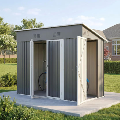 Storage Shed 4X8 Ft with Weatherproof Sloping Roof, Small Outdoor Shed with 4 Air Vents, Utility Metal Tool Storage Sheds with Lockable Doors for Garden, Backyard, Patio, Lawn, Grey
