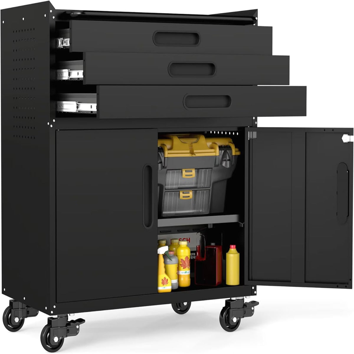 4-Piece Garage Storage Cabinet Set,Heavy Duty Metal Garage Cabinets System Workshop Set with 2 * Tall Tool Cabinets + 2 * Rolling Tool Cabinet