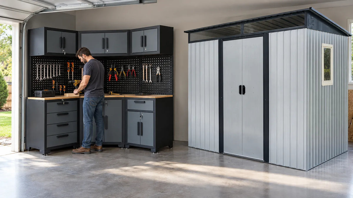 Garage Storage Cabinet System 8-Pcs Garage Cabinets and, in use