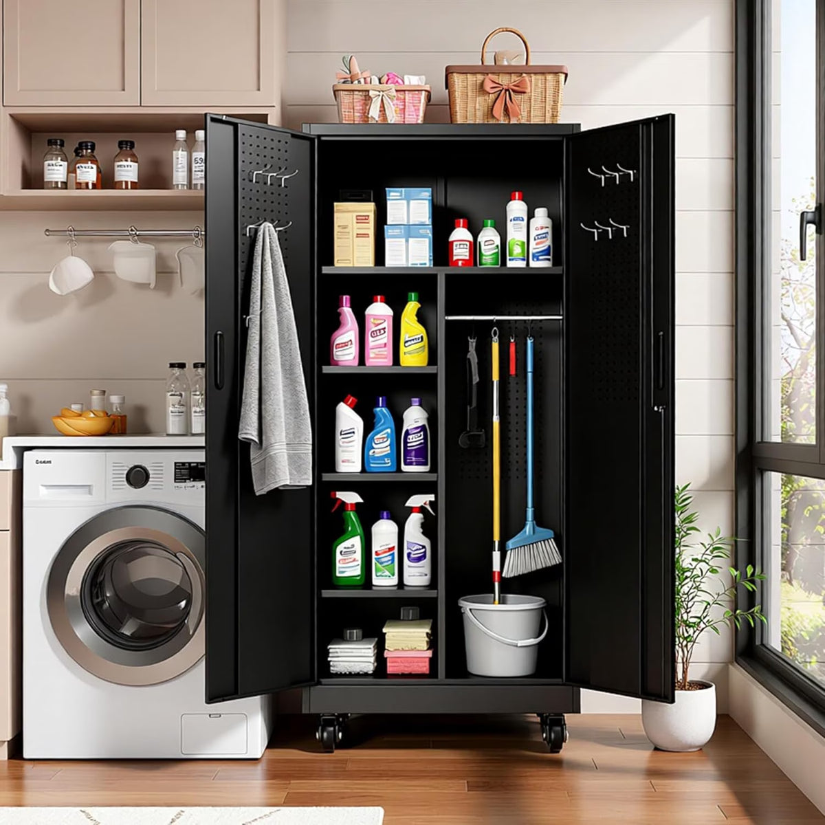 4-Piece Garage Storage Cabinet Set,Heavy Duty Metal Garage Cabinets System Workshop Set with 2 * Tall Tool Cabinets + 2 * Rolling Tool Cabinet