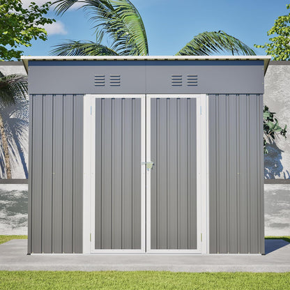 Storage Shed 4X8 Ft with Weatherproof Sloping Roof, Small Outdoor Shed with 4 Air Vents, Utility Metal Tool Storage Sheds with Lockable Doors for Garden, Backyard, Patio, Lawn, Grey