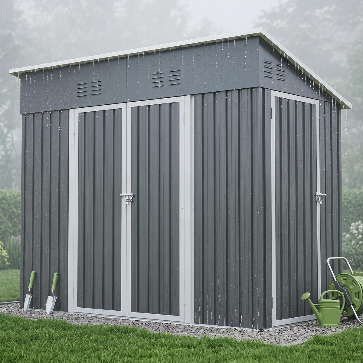 Storage Shed 4X8 Ft with Weatherproof Sloping Roof, Small Outdoor Shed with 4 Air Vents, Utility Metal Tool Storage Sheds with Lockable Doors for Garden, Backyard, Patio, Lawn, Grey