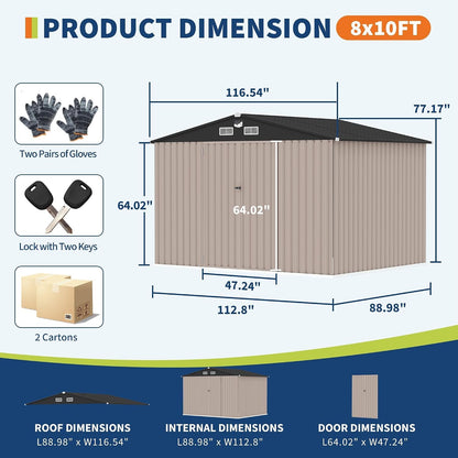 8X10 FT Metal Shed Outdoor Storage Shed with Solar Light, Lockable Door, Air Vents, Utility Sheds & Outdoor Storage, Durable outside Storage Sheds for Backyard Patio Lawn