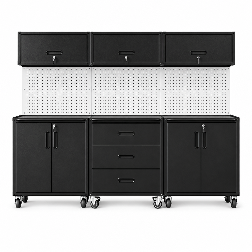 Garage Cabinet System | Heavy Duty Steel All-In-One Modular Garage Cabinet Set for Ultimate Workshop Organization | Easy Assembly Garage Storage Cabinets & Tool Bench