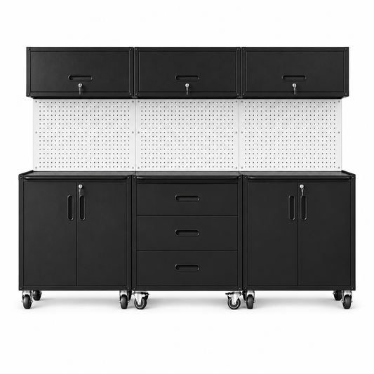 Garage Cabinet System | Heavy Duty Steel All-In-One Modular Garage Cabinet Set for Ultimate Workshop Organization | Easy Assembly Garage Storage Cabinets & Tool Bench