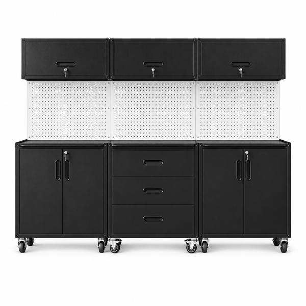Garage Cabinet System | Heavy Duty Steel All-In-One Modular Garage Cabinet Set for Ultimate Workshop Organization | Easy Assembly Garage Storage Cabinets & Tool Bench