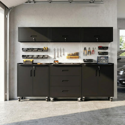 Garage Cabinet System | Heavy Duty Steel All-In-One Modular Garage Cabinet Set for Ultimate Workshop Organization | Easy Assembly Garage Storage Cabinets & Tool Bench