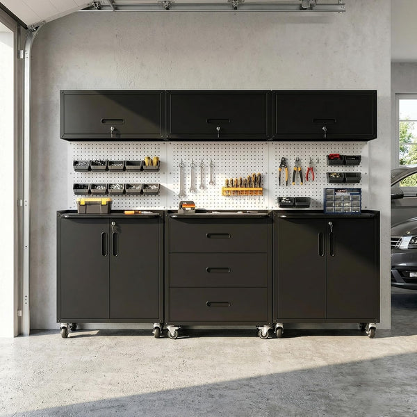 Garage Cabinet System | Heavy Duty Steel All-In-One Modular Garage Cabinet Set for Ultimate Workshop Organization | Easy Assembly Garage Storage Cabinets & Tool Bench