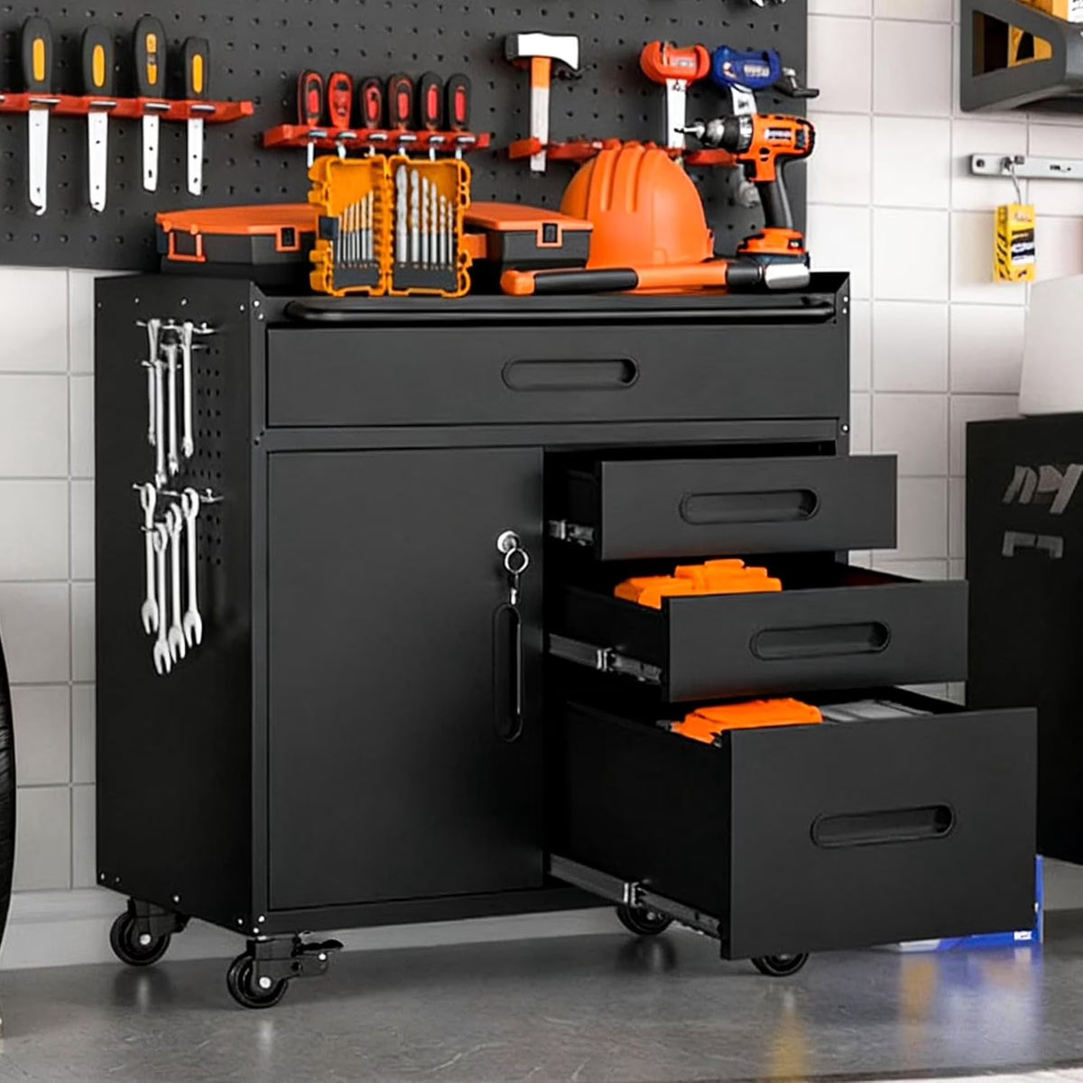 4-Piece Garage Storage Cabinet Set,Heavy Duty Metal Garage Cabinets System Workshop Set with 2 * Tall Tool Cabinets + 2 * Rolling Tool Cabinet