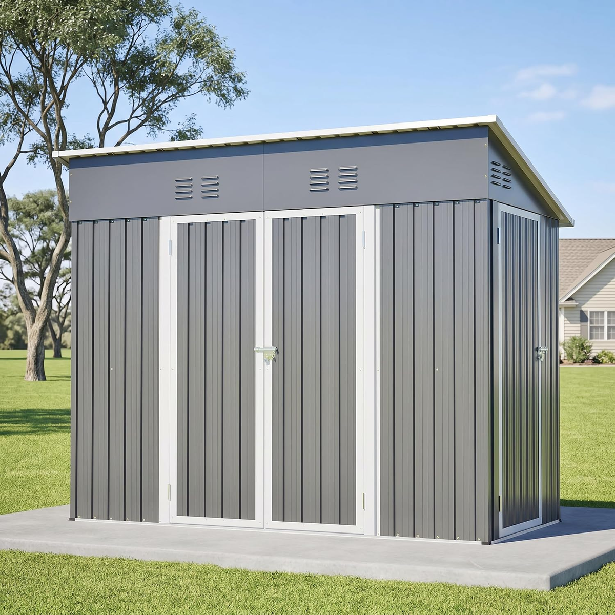 Storage Shed 4X8 Ft with Weatherproof Sloping Roof, Small Outdoor Shed with 4 Air Vents, Utility Metal Tool Storage Sheds with Lockable Doors for Garden, Backyard, Patio, Lawn, Grey