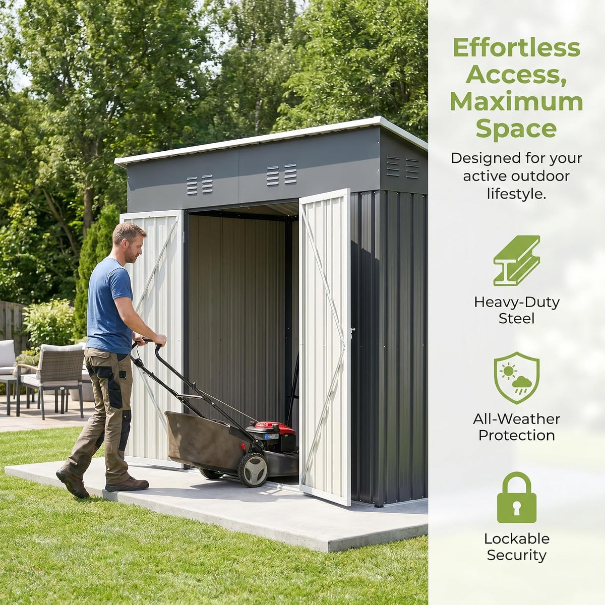 Storage Shed 4X8 Ft with Weatherproof Sloping Roof, Small Outdoor Shed with 4 Air Vents, Utility Metal Tool Storage Sheds with Lockable Doors for Garden, Backyard, Patio, Lawn, Grey