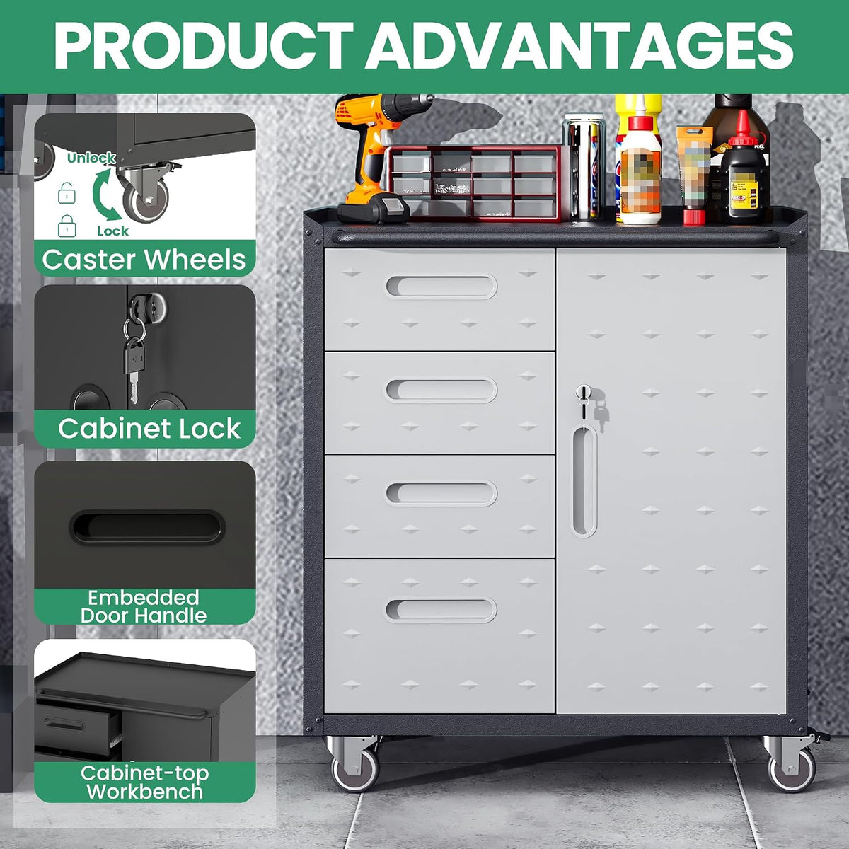 Garage Cabinet System | Heavy Duty Steel All-In-One Modular Garage Cabinet Set for Ultimate Workshop Organization | Easy Assembly Garage Storage Cabinets & Tool Bench